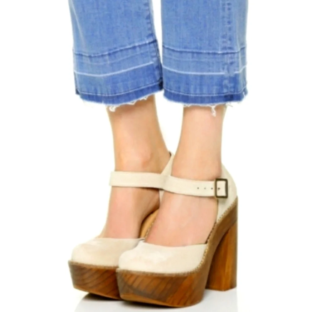 FreeBird Poppy Y2K Platform Maryjane Pumps W/ Ankle Straps Cream Taupe size 9